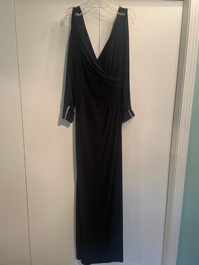 Betsy & Adam Black Maxi Gown with Rhinestone Accents